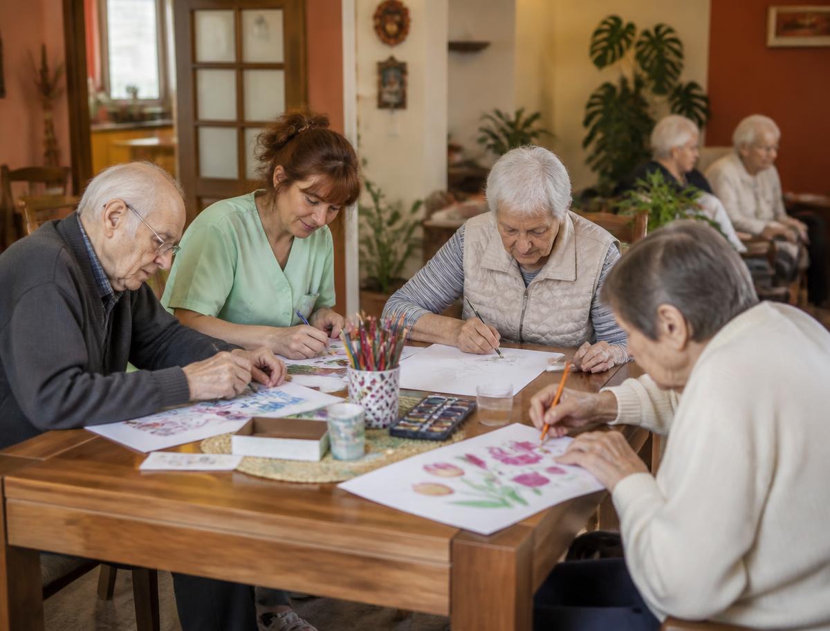 Seniori tvoria pri stole v zariadení v Hubiciach